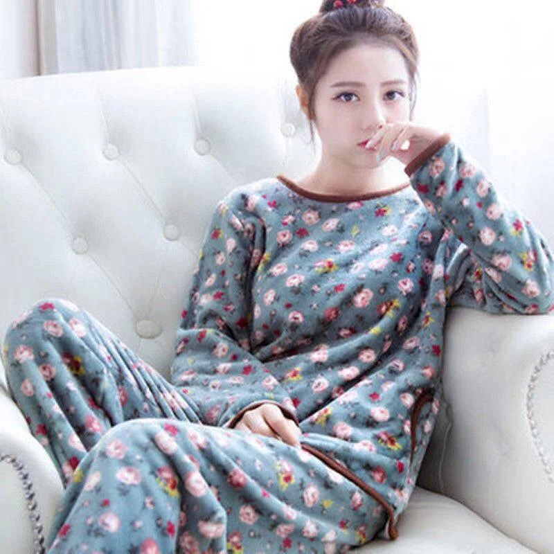 Fall Winter Sleep Wear Lady 2 Piece Thermal Nightwear Home Clothes