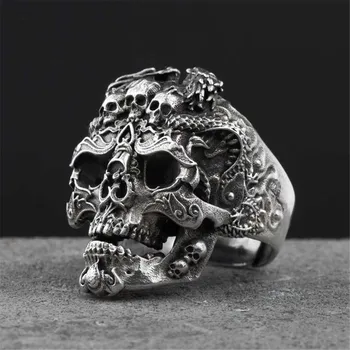 Frifer Adjustable Skull Ring For Men - Antique Style Open Skull Design, Silver Plated Copper