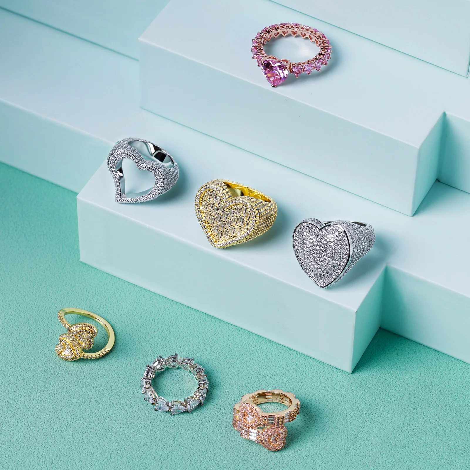 Top Icy Cute Heart Rings Collection Rings Jewelry Women Iced Out Diamond  Ring Brass 18K Gold Plated 5A CZ Birthday Gift