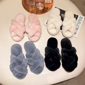 Women's Winter Open Toe Plush Fur for Soft TPR Outsole Non-slip Cushioning Indoor Home Shoes Slides Slippers