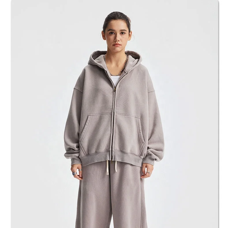 AU Custom Women's Winter Short Zip-Up Washed Wax Dye Hooded Sweatshirt Long Cotton Jacket Front Logo Print Trendy Brand