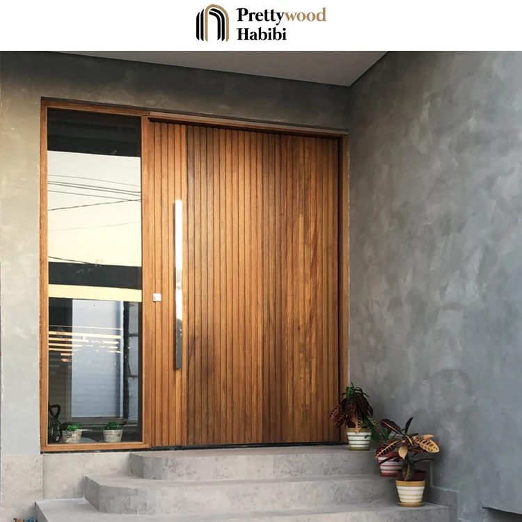 Prettywood Vertical Slats Design Pivot Entry Door Solid Wooden Exterior Entrance Front Door Modern For Houses