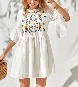 2021 New Womens Boho Clothing Embroidered Linen White Dress Summer A Line Beach dress