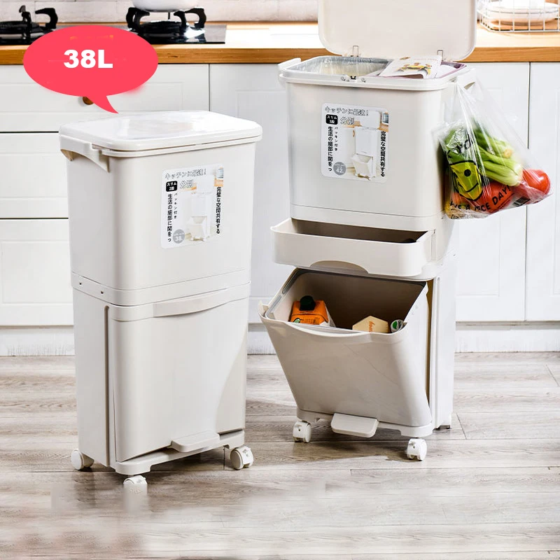 42L Double Layer Japanese Style Plastic Classify Waste Bin With Drawer