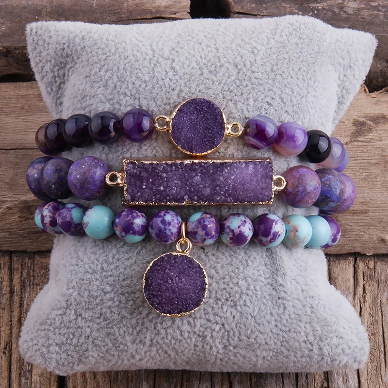 Handmade Women 3pcs Natural Stone White Howlite Druzy Bracelet Set