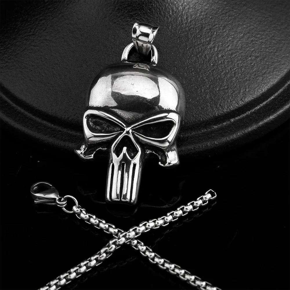 Collana Uomo Gotico Con Teschio - Ciondolo Punitore Punk Retrò Rock - Catena 24" Argento - Tyche.21 - 2