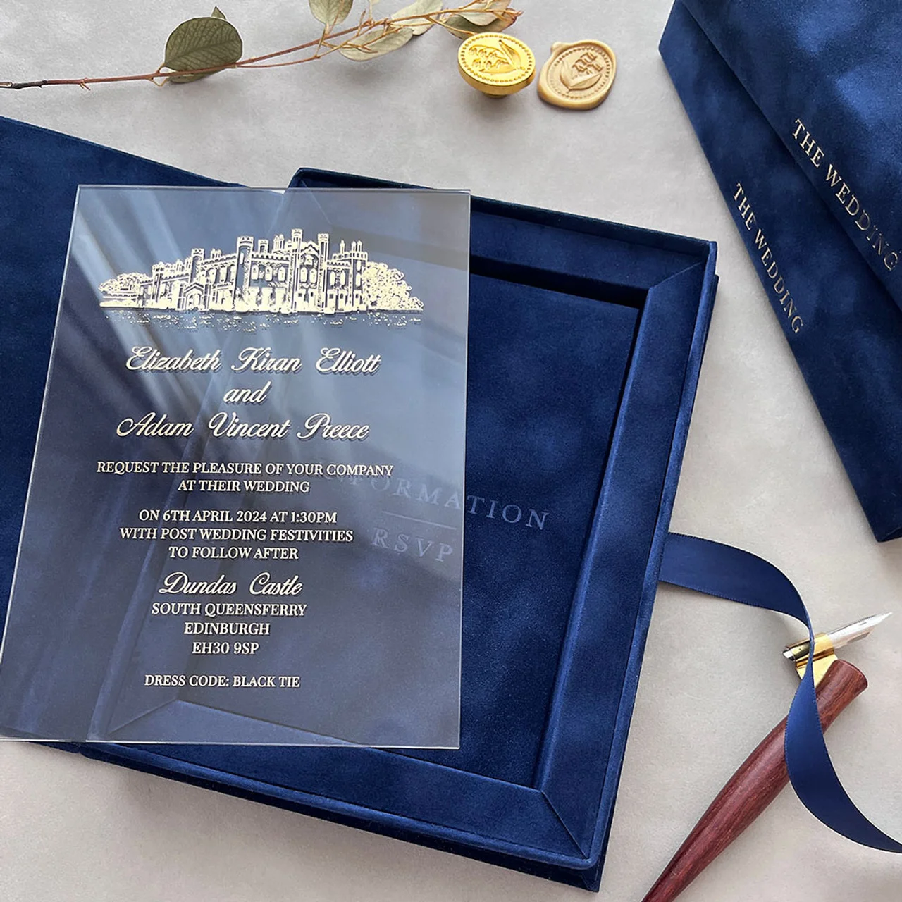 Navy Blue Velvet Wedding Invitation Card with Velvet Box Custom Luxury  Acrylic Wedding Invitations and Velvet Box, image size:1280x1280