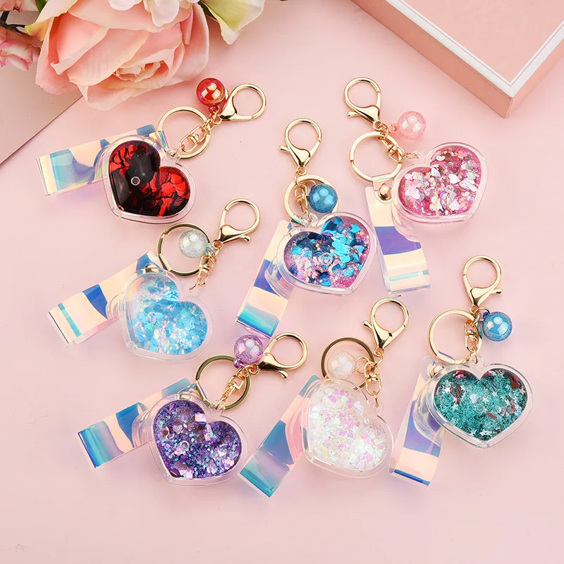 Heart Shape Move Glitter Quicksand Keychain Liquid Key Chains Couples Women Men Ts Bag