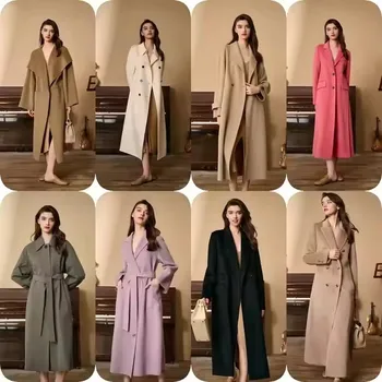 2024 Autumn Winter Women Long Sleeve Loose Woolen Coat Lady Solid Color Medium Long Double-face Cardigan Lapel Soft Woolen Coat