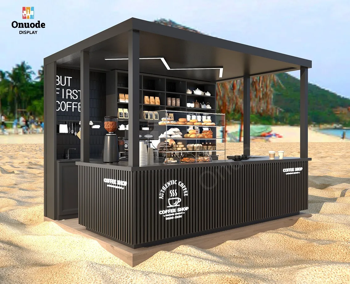 Onuode Custom LED Lighting Cafe & Mall Display Kiosk with MDF & Tempered Glass Eco-Friendly Furniture Design