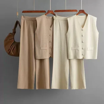 New Fashion Soild Color V-neck Sleeveless Knitted Wide-leg Pants Women Two-piece Set
