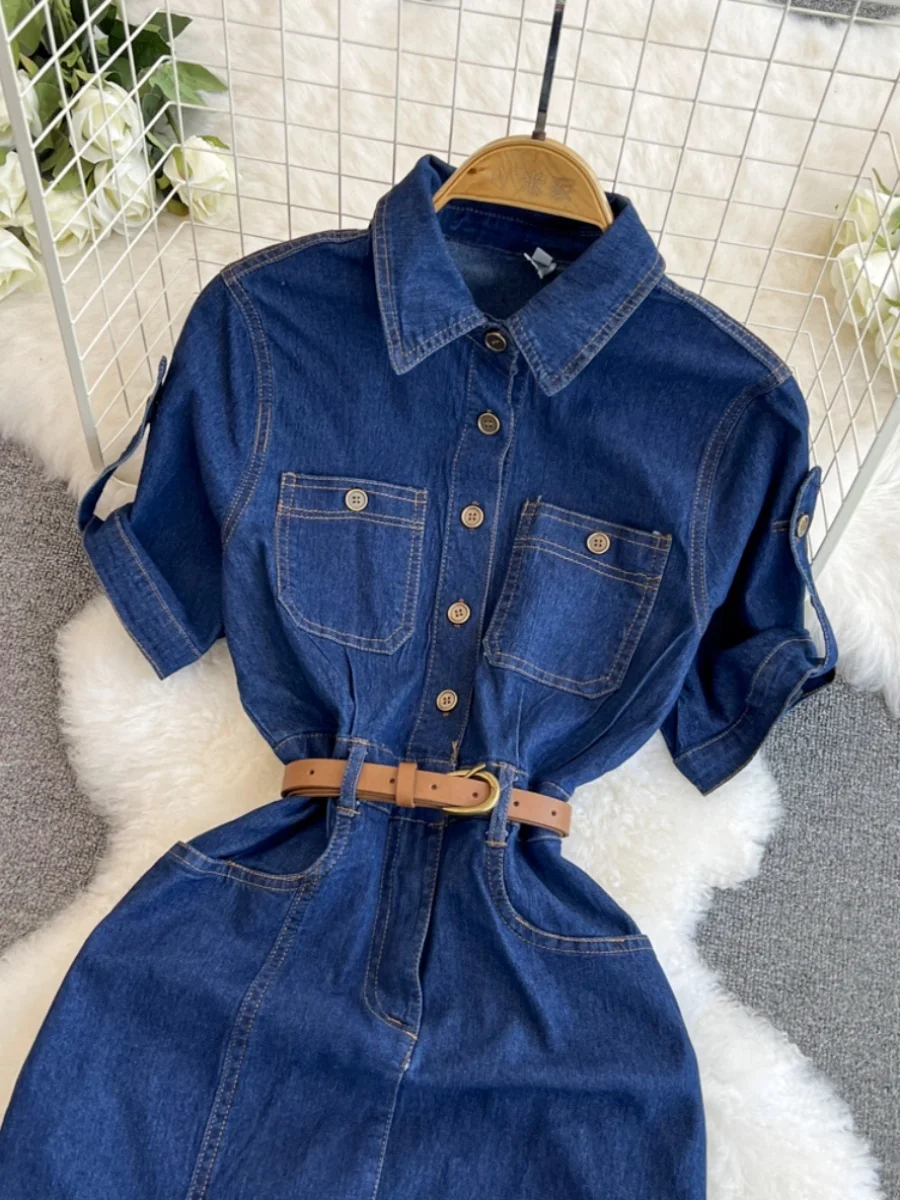 Retro Slimming Denim Shirt Dress For Women - Casual Summer Style - Odm