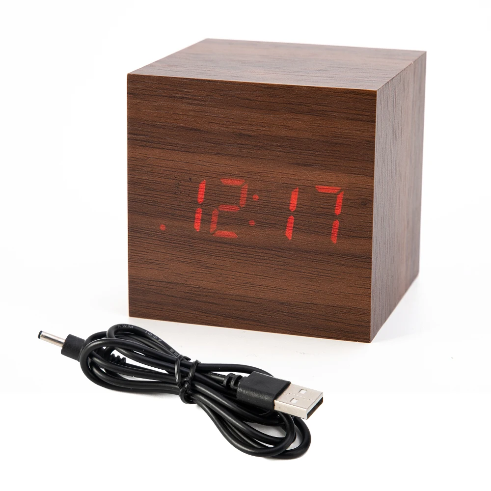 RTS Display Time Temperature LED Digital Desk Clock Adjustable Wooden Alarm Clock