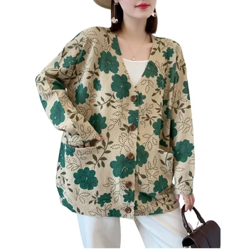 Women's Cardigan Sweater Floral Printing Fashion Casual Loose V-Neck Button Pocket Knitted Cardigan Spring and Autumn Tops Coat