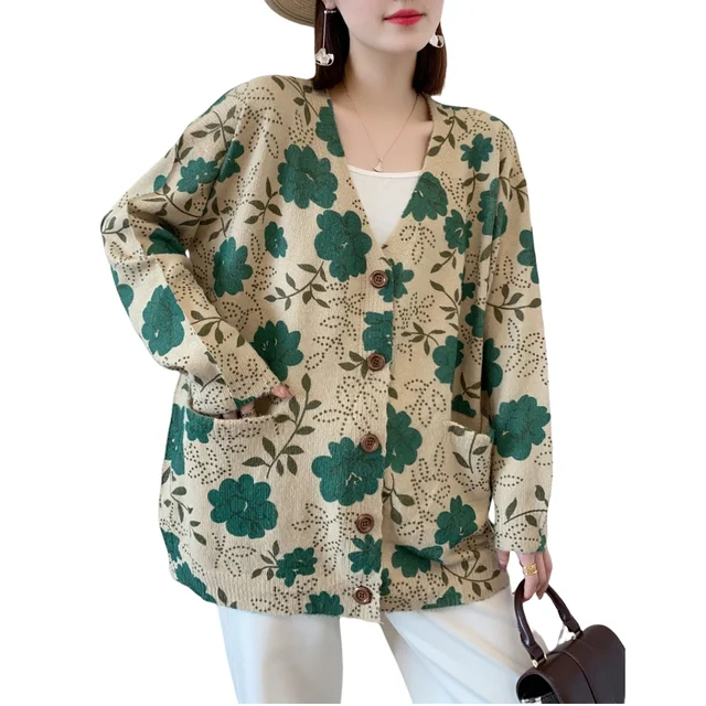 Women's Cardigan Sweater Floral Printing Fashion Casual Loose V-Neck Button Pocket Knitted Cardigan Spring and Autumn Tops Coat