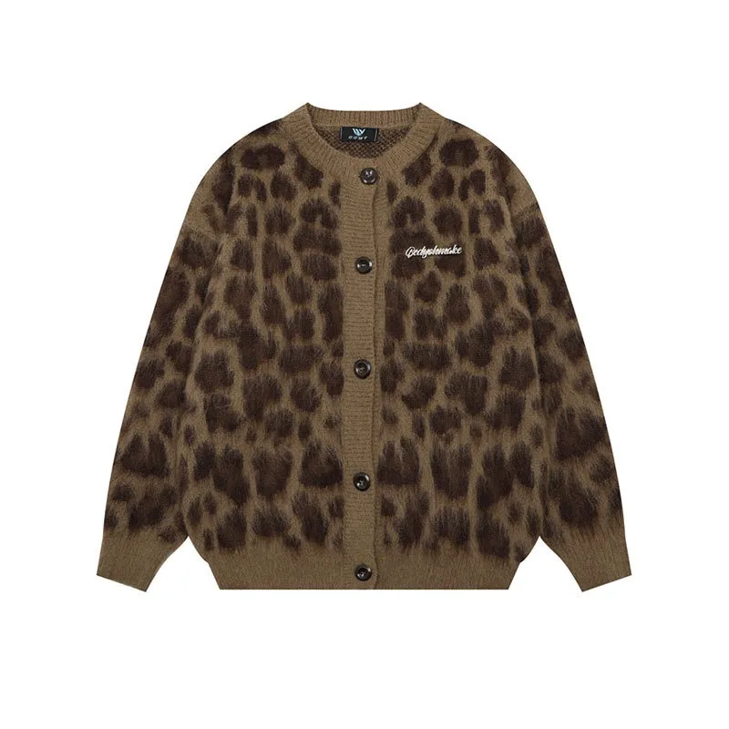 Customized V-neck Jacquard Knit Mohair Cardigan Leopard Jacquard