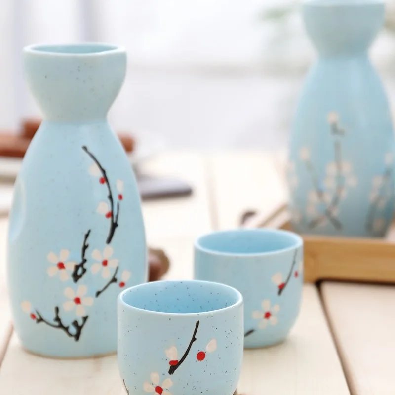 Hand-Painted Japanese Sake Set - 5 Piece Ceramic Collection With White And Pink Floral Design