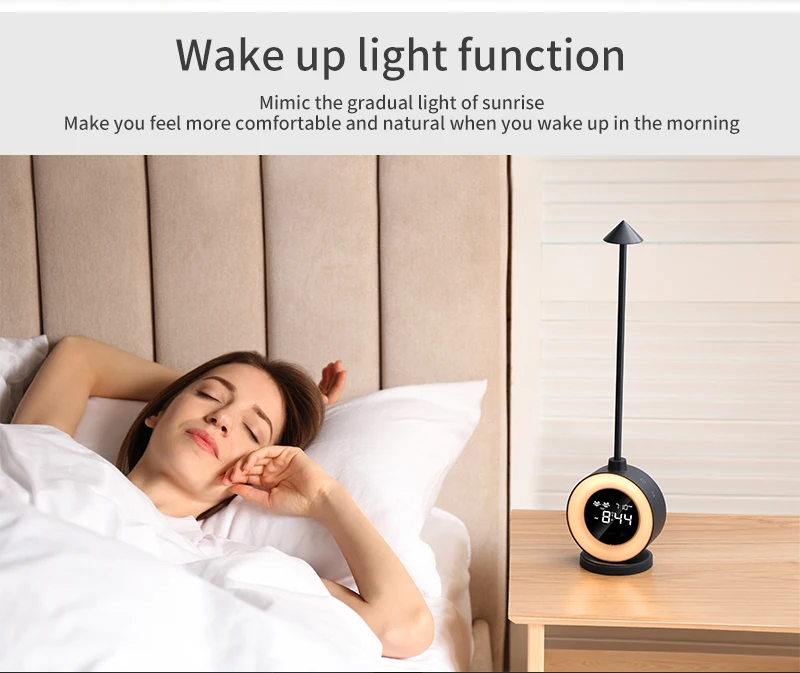 product dual alarm clock wake up light natural sound adjustment touch dimming timer night light portable bedside led mood table lamp-42