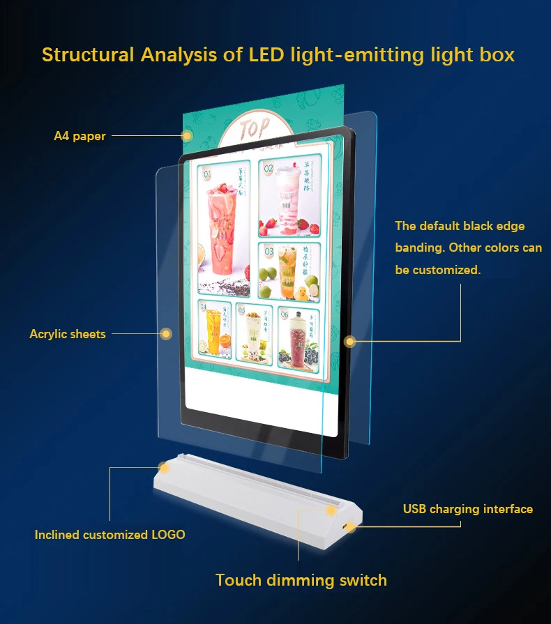 Dual-Sided A4A5 Charging Luminous Menu Board Desktop Poster Price Tag Display Lightbox for Advertising