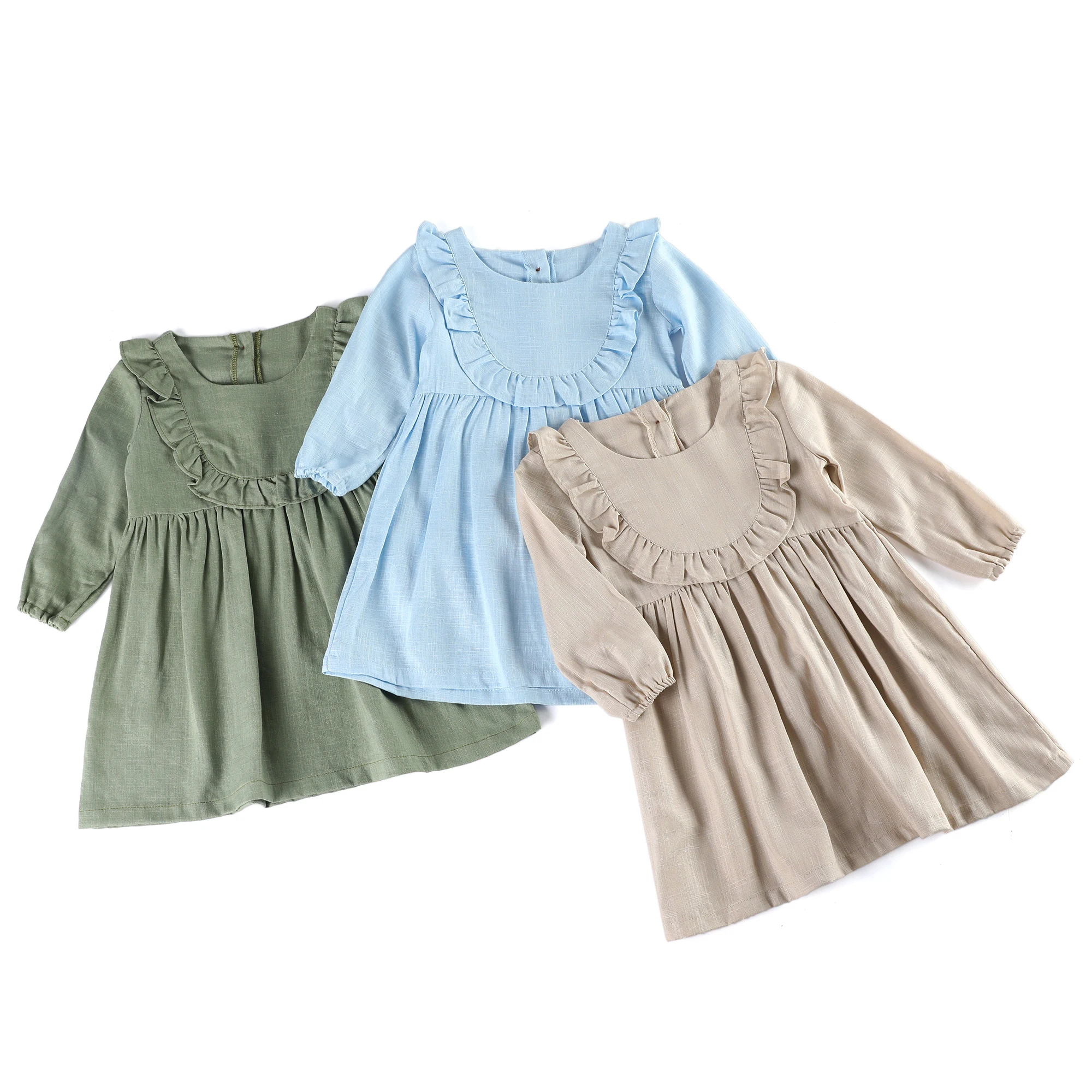 Summer Plain Color Baby Toddler Dress Bib Collar Long Sleeve