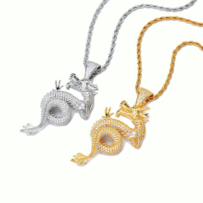 Lucky Symbol Hip Hop Micro Paved CZ Stone Bling Iced Out Oriental Dragon Shenlong Pendants Necklaces for Men Rapper Jewelry