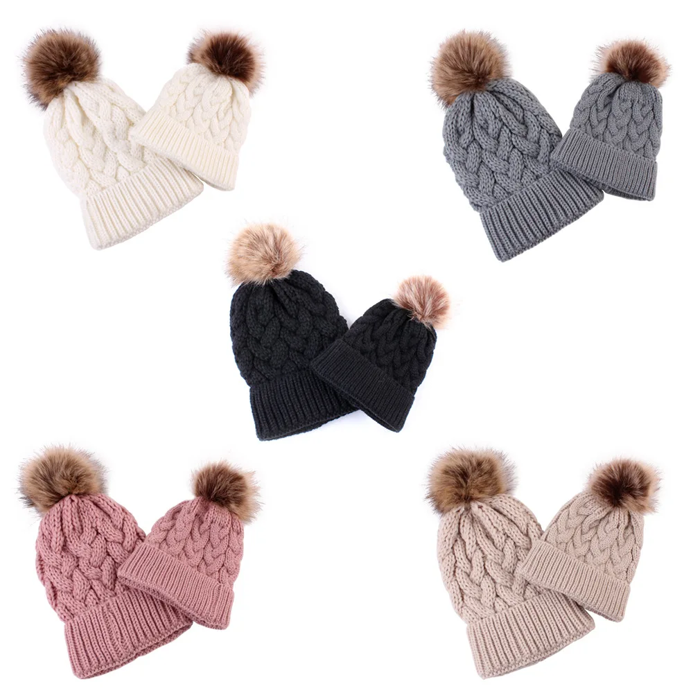 Mother&Me Knitted Wool Hat Baby Kids Winter Warm Cap Pompom Bobble Beanie Hats