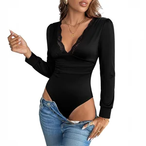 Ladies' slim-fit lace elegant long-sleeved tight jumpsuit, black pleated long-sleeved jumpsuit for the party