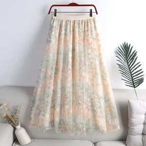 Wholesale French Retro Half Skirt for Women Spring Fashion High Waist Mesh Breathable Chiffon Floral Lace Sweet Natural
