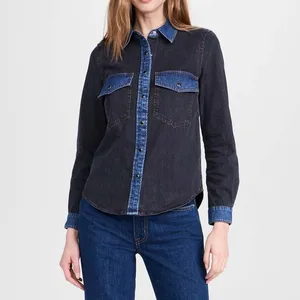 Clothing Manufacturers Custom Spring Summer Autumn Colorblock Denim Long Sleeves Patchwork Pockets Font Shirt