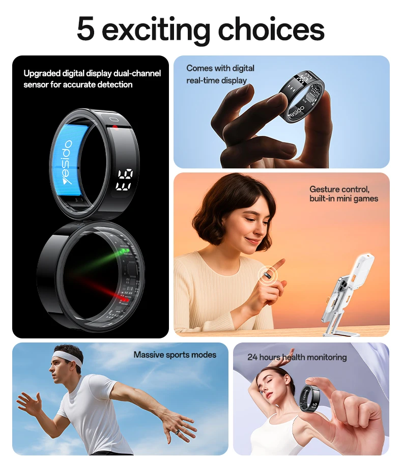 Yesido LCD Real-time Digital Display Dual-channel Sensor Precision Waterproof 24-hour Health Management Smart Ring IO36
