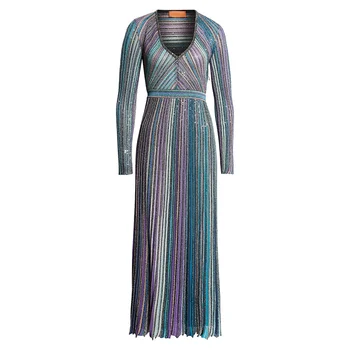 Women's Knitted Dress Long Sleeve V Neck Striped Maxi Dress Elegant Party Evening Wear Shiny Color Block Fashion Apparel