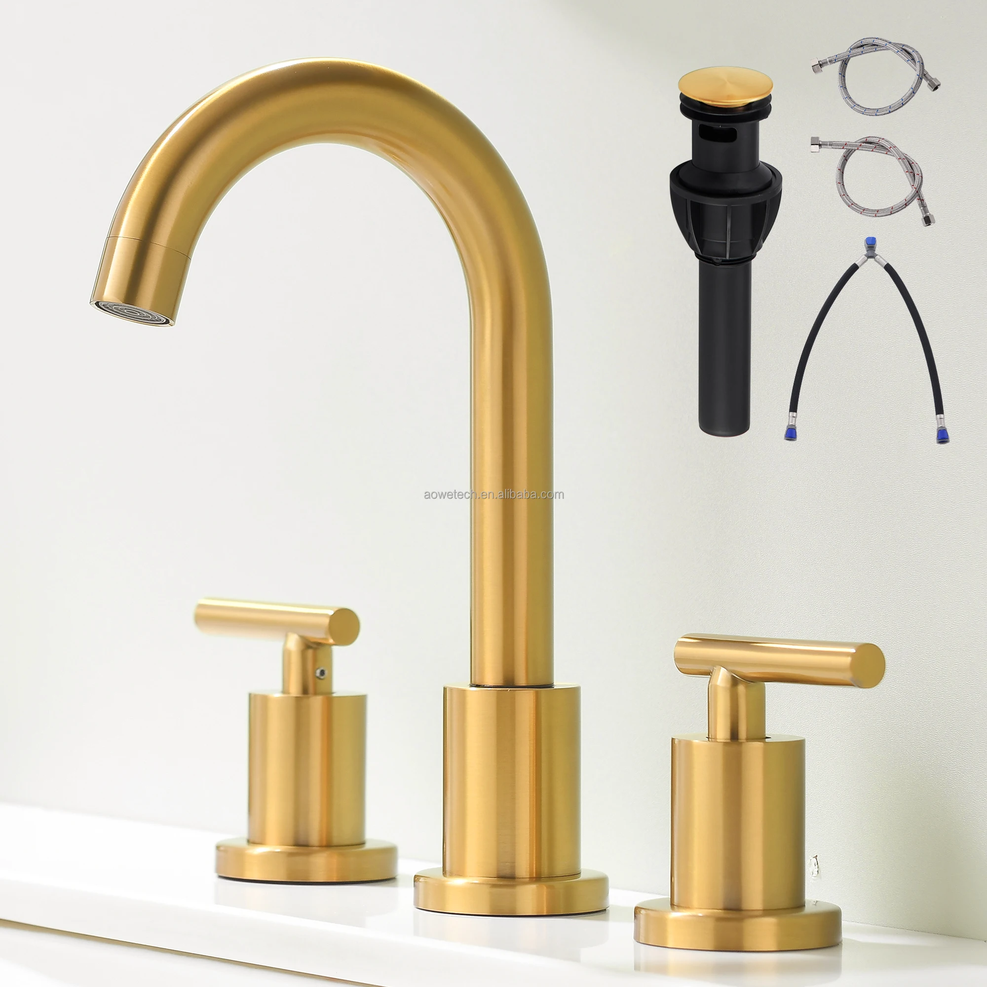 Modern Brushed Gold Basin Faucet 3 Hole Widespread Bathroom Sink Mixer Tap Dual Handle High Arch Goose Neck Ceramic Valve Core