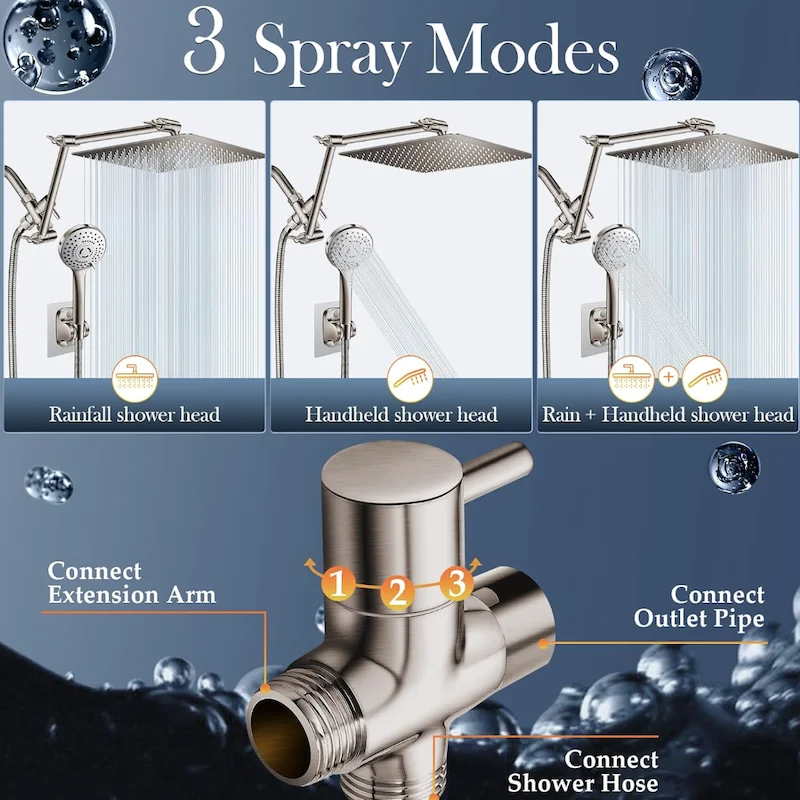 High Pressure Rainfall Shower Head with 16'' Flexible Angle Adjustable Extension Arm