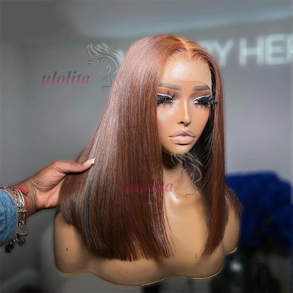 Chocolate Brown Short Bob Wig Human Hair 13x4 Lace Front Wig Brown Straight Short Bob Wigs For Woman Bleached Bob Wig_voghion.com
