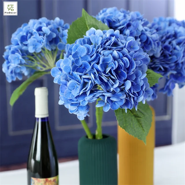 High Quality Artificial Real Touch Latex Hydrangea Flower Stem Large Head for Party Hotel Wedding Table Decorative Flowers Blue