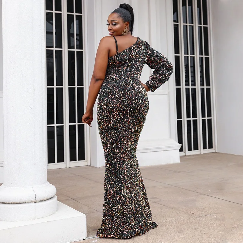 Hot Selling Polyester Spandex Woven One-shoulder Straight Dresses Plus Size Beaded Sequined Women Evening Dress Hot Selling Polyester Spandex Woven One-shoulder Straight Dresses Plus Size Beaded Sequined Women Evening Dress