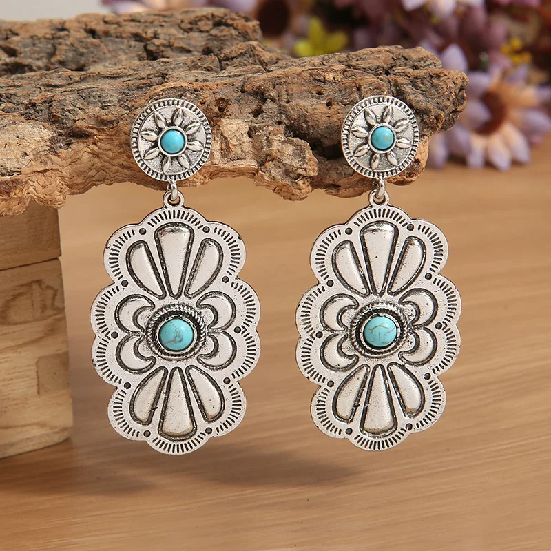 New Popular Latest Retro Creative Unique Cute Alloy Geometric Turquoise Earrings