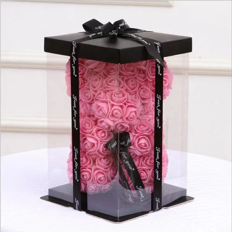 Transparent clear Plastic Cake Box with Ribbon and Print Flower Round Gift Box White Black Blue pink Gold Silver