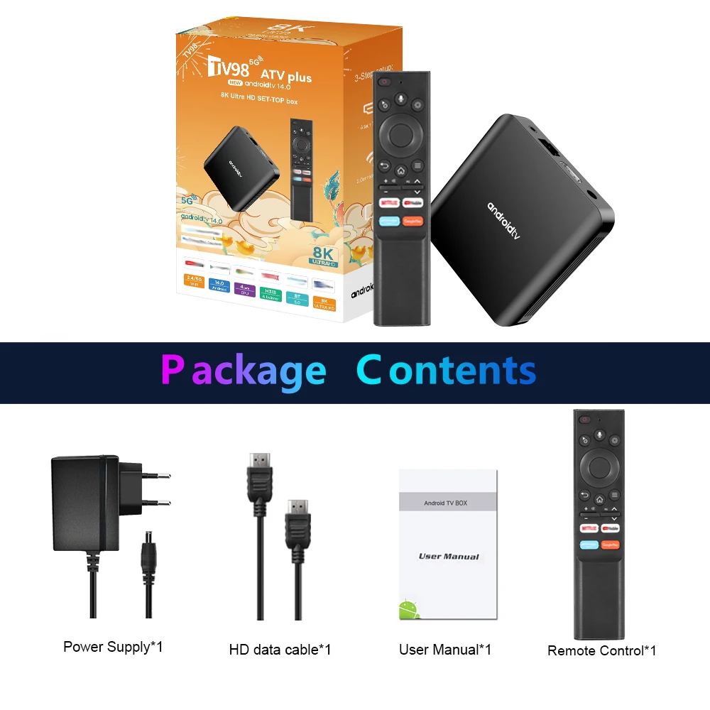 4K TV98 ATV PLUS Android 14 TV Box, Quad Core, 2.4G/5G WiFi, 1GB