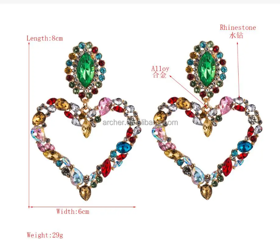 archer 2023  wholesale fashion heart-shaped alloy earring inset color vintage  Rhinestone earrings elegant exaggerated earring