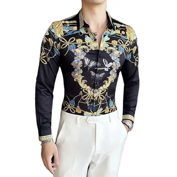 Versatile casual and fashionable patterns Men printed long sleeved shirt Printed slim fit shirt