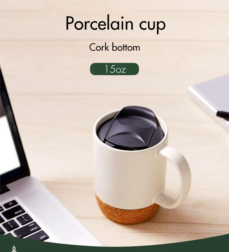 Wholesale brief 15oz cork bottom ceramic cup with lid, new design reusable customized logo print sublimation coffee mug