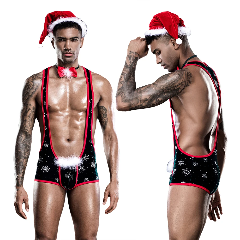 Three Pieces Hot Red Velvet Jumpsuit Sexy Christmas Lingerie for Men Christmas Party Wear