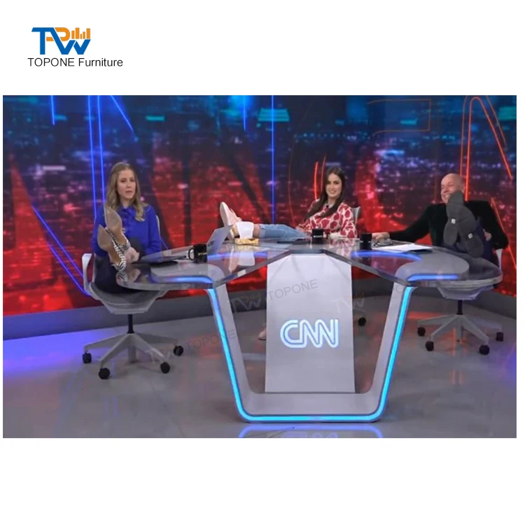 Customized White Big Broadcast Table of Radio TV Broadcasting Equipment Triangle Artificial Stone TV News Desk