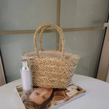 2025New Women's Hand Woven Straw Beach Bag Fashionable Tote Nylon Lining and Open Closure Hand-Woven Decoration Woven Rattan Bag