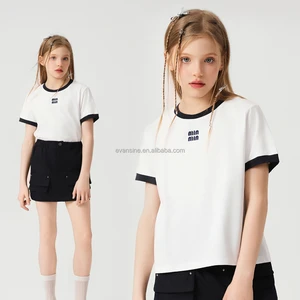 Girls Classic Color Block T Shirt Customizable Black White Summer Apparel with Miu Style Small Embroidery Logo