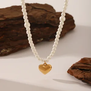 MW Dainty Freshwater Pearl Chocker Jewelry 18k Gold PVD Plated Stainless Steel Love Heart Pendant Necklace for Anniversary