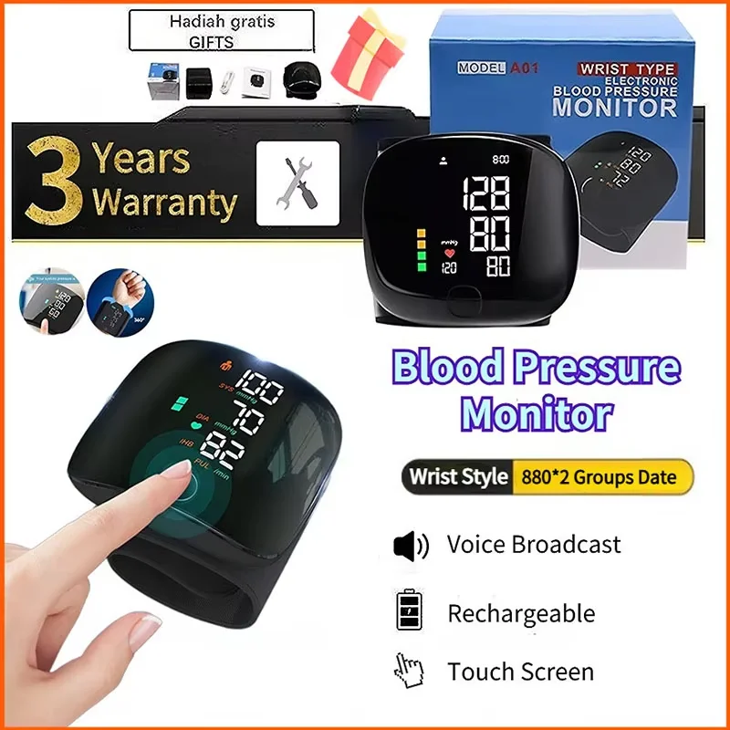 Automatic Electric Wrist Blood Pressure Monitor with Touchscreen LED Display Accurate Memory Function for Home Use