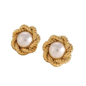 Stainless Steel 18K Gold Plated Twist Flower Shaped Imitation Pearl Stud Earrings New Design Daily Earring for Women Trendy