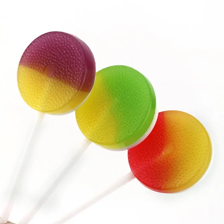 Supply 2-in-1 two colors fruit round flat lollipop with